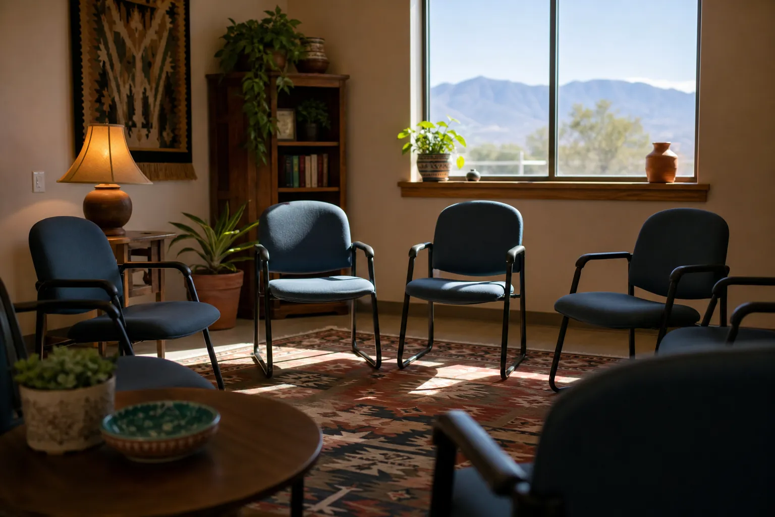 Editorial illustration of How rehab and peer meetings work together in New Mexico