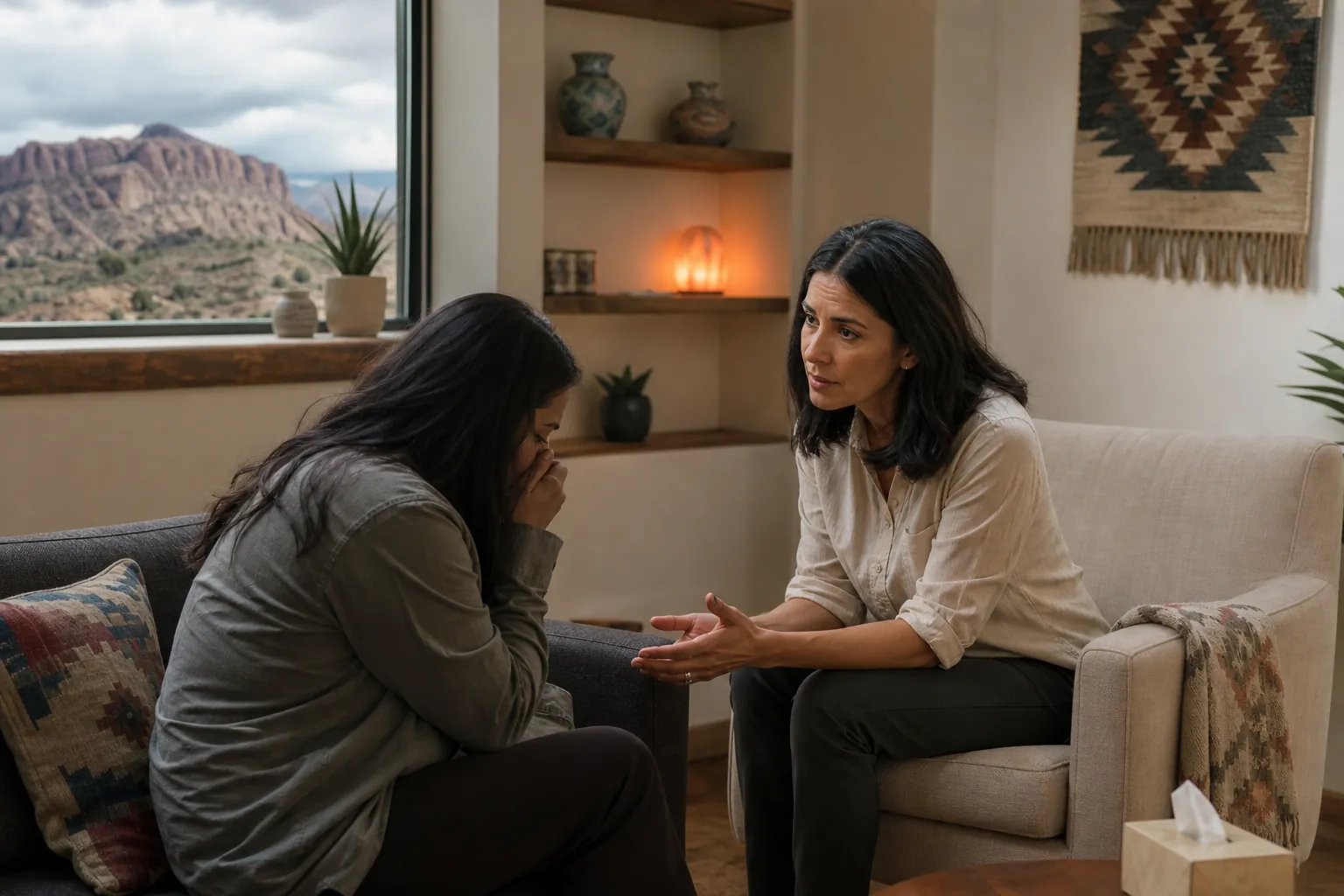 A woman leans forward with a hand near her face as another woman listens, with desert mountains visible through a window.