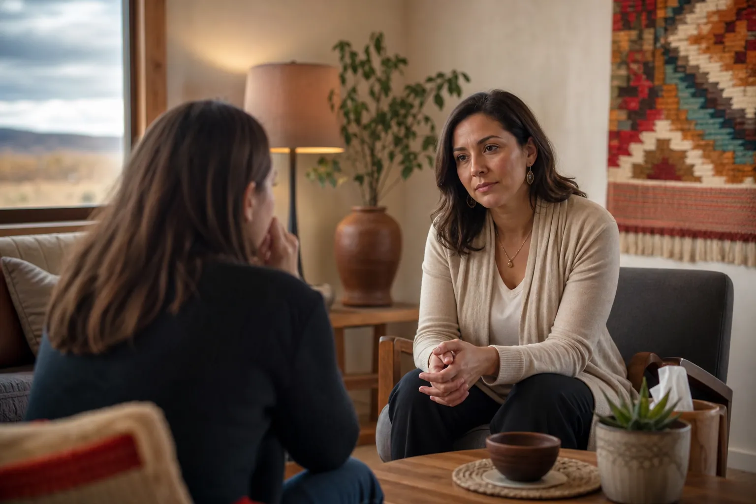 Two women sit facing each other in a cozy counseling room, one listening attentively as the other holds a hand near her face.