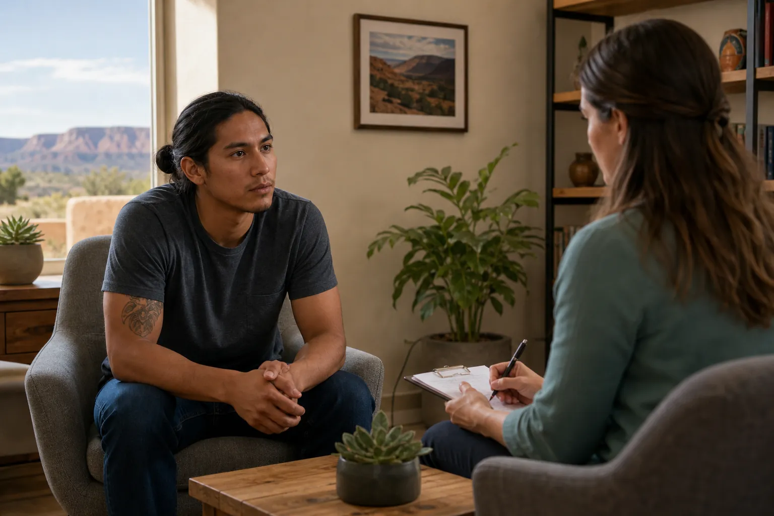 A counselor writes on a clipboard while speaking with a man seated across from her in a warm, quiet office.
