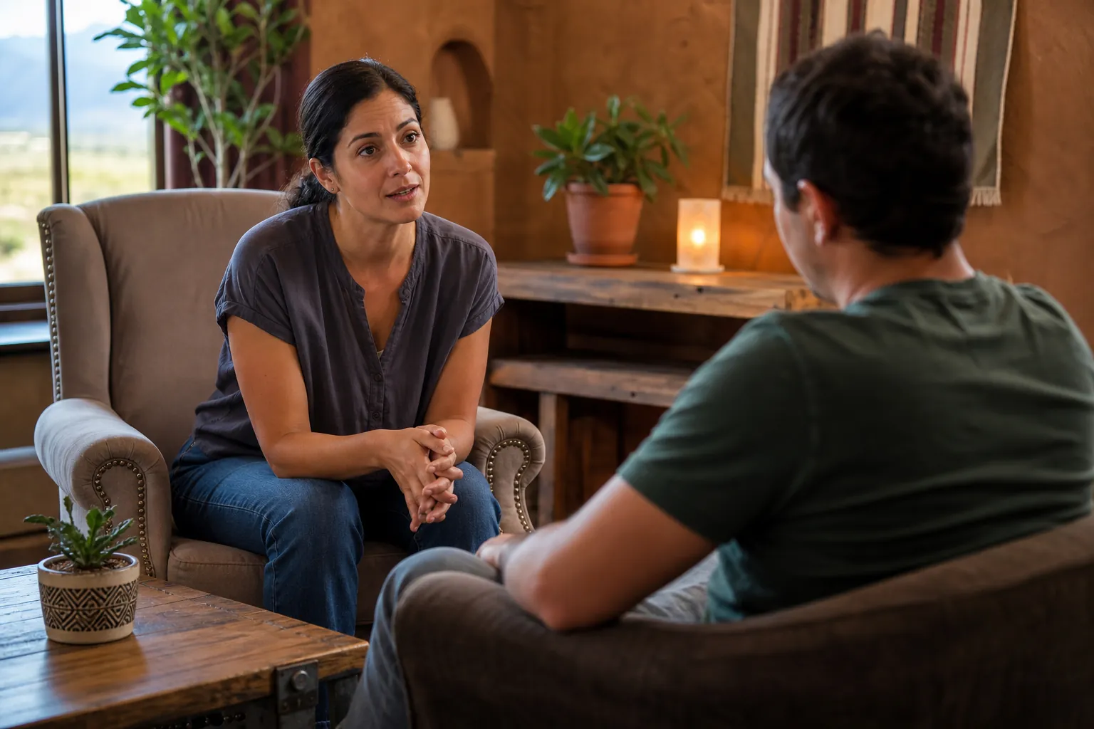 A counselor leans forward with clasped hands while speaking with a man seated across from her in a warm office.