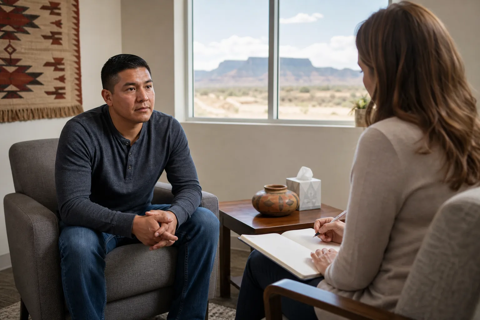 A man sits with clasped hands across from a counselor taking notes in a quiet office with a desert view.