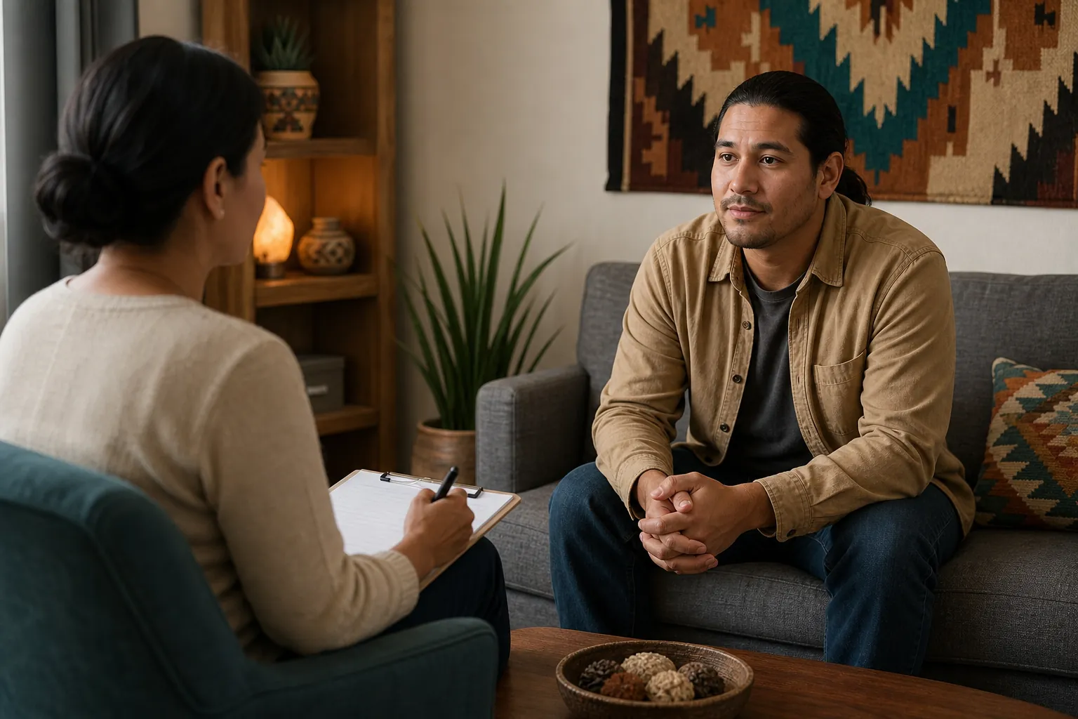 A counselor takes notes on a clipboard while speaking with a man seated across from her in a calm office.