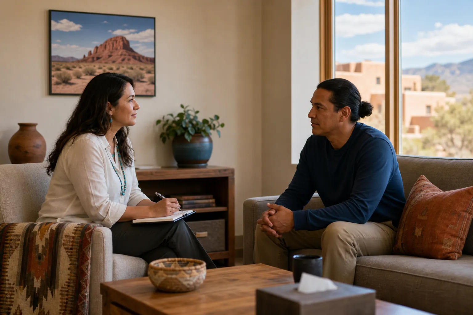 A counselor takes notes while speaking with a man seated across from her in a calm, sunlit office.
