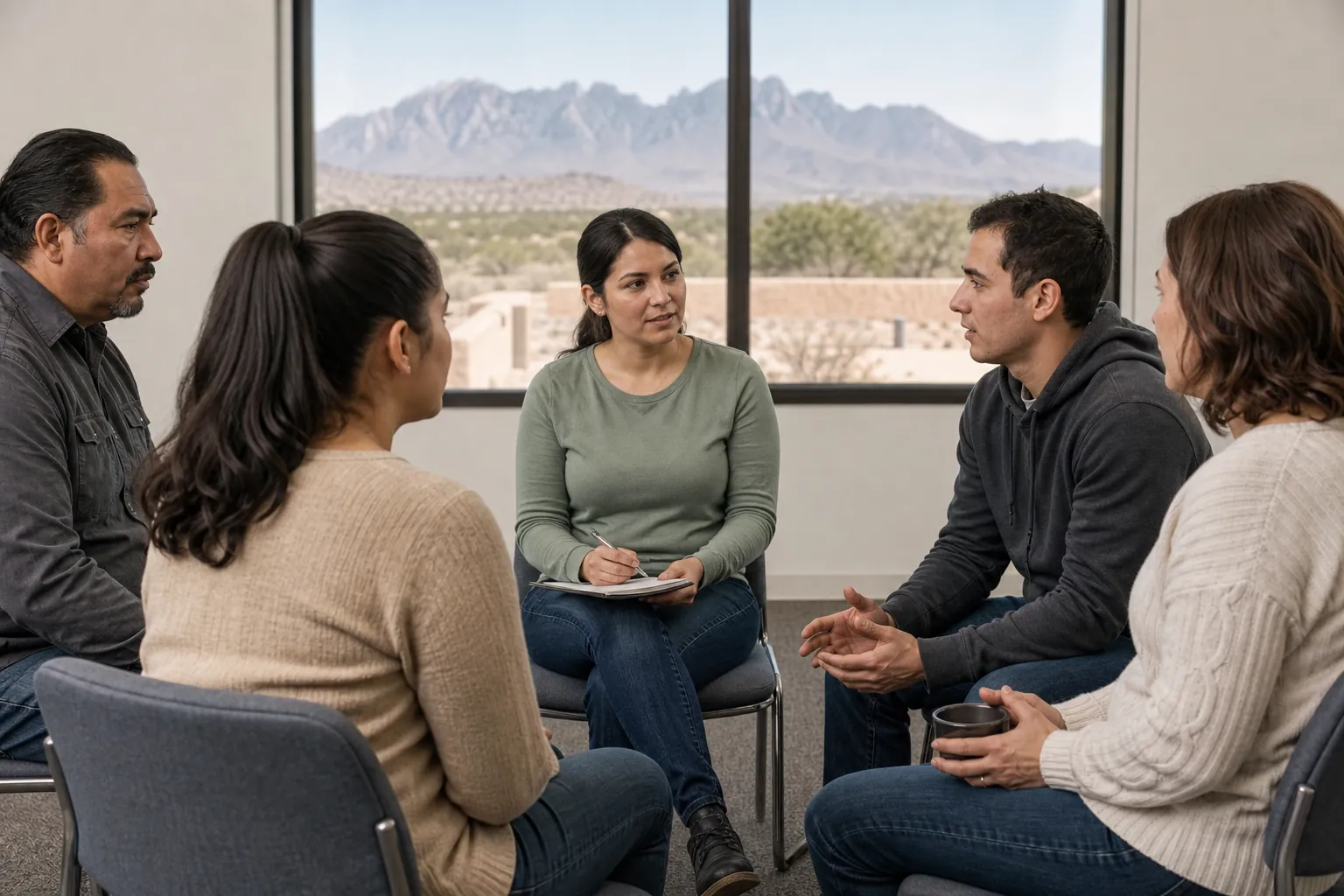 Five adults sit in a discussion circle as one woman takes notes, with desert mountains visible through large windows.