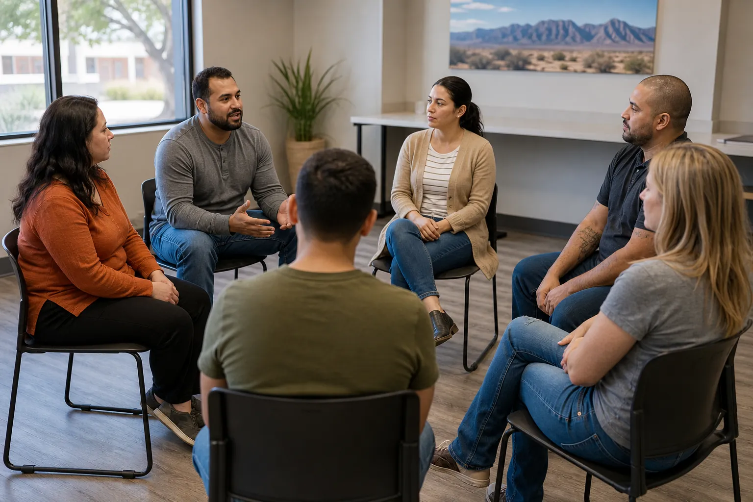 Six adults sit in a circle for a group discussion in a bright classroom with a desert landscape photograph.