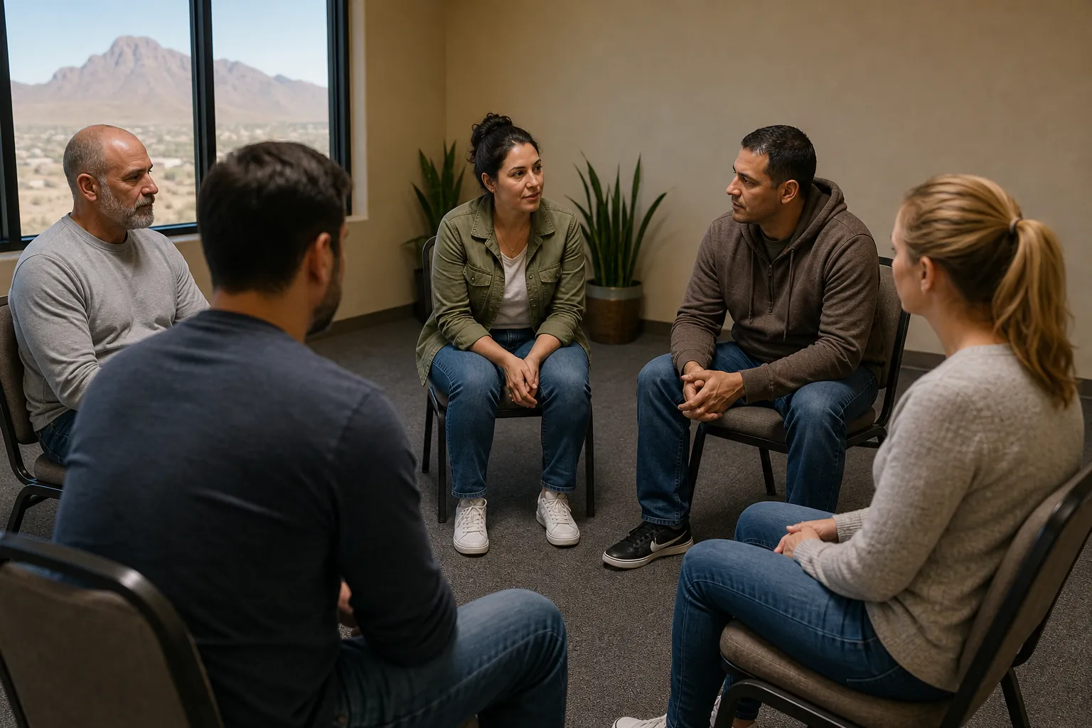Five adults sit in a circle for a group discussion in a room with potted plants and desert mountains visible through a window.