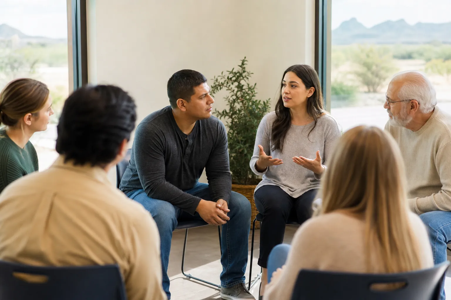 Six adults sit in a counseling circle as a woman gestures while speaking, with desert mountains visible through large windows.
