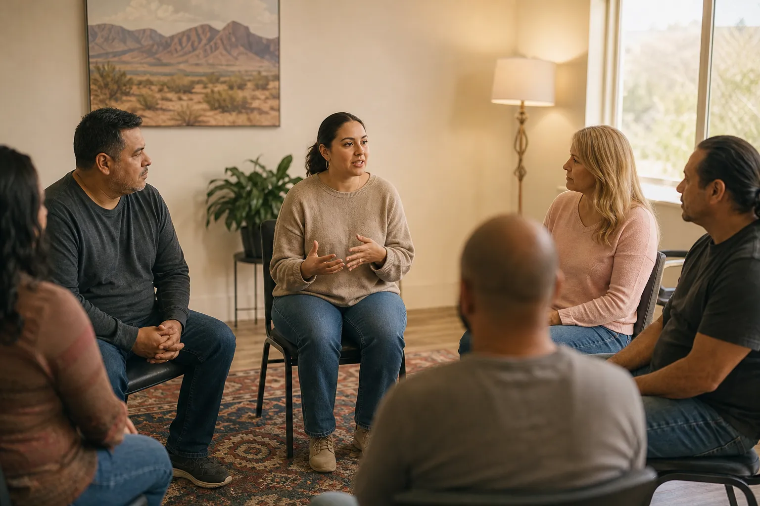 Six adults sit in a circle in a warmly lit room, listening as a woman in a beige sweater speaks and gestures.