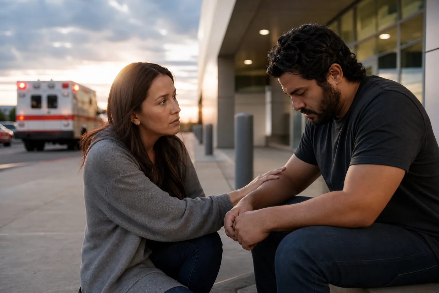 A woman rests her hand on a seated man's forearm outside a hospital, with an ambulance parked in the background.