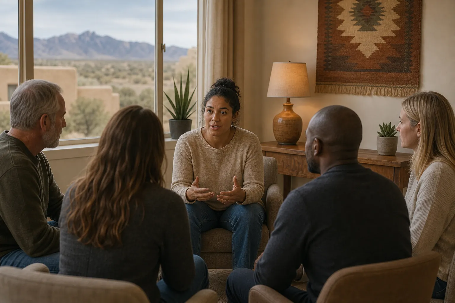 Five adults sit in a circle for a supportive group discussion in a calm room overlooking a desert landscape.