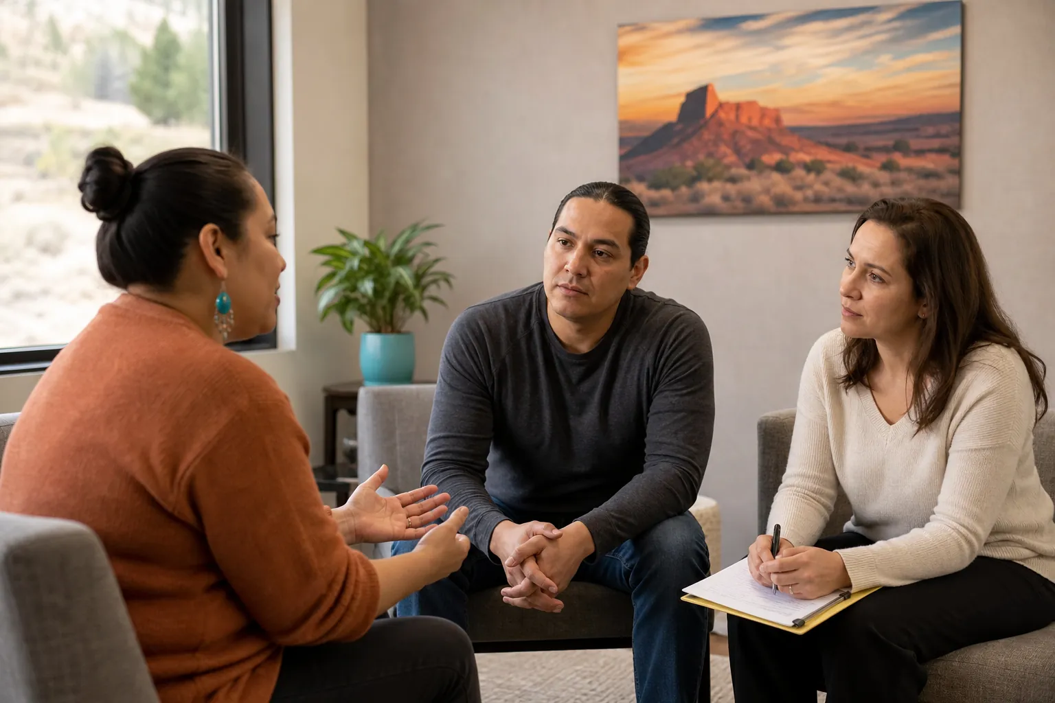 Three adults sit in a counseling room, with one woman gesturing, a man listening, and another woman holding a pen and clipboard.