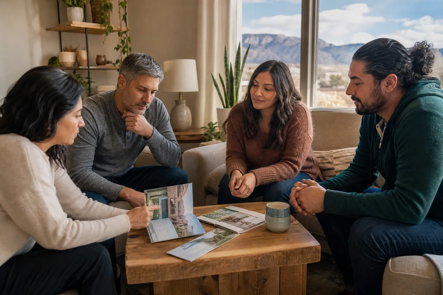 Four adults review treatment facility brochures during a rehab options discussion in a bright Albuquerque home.