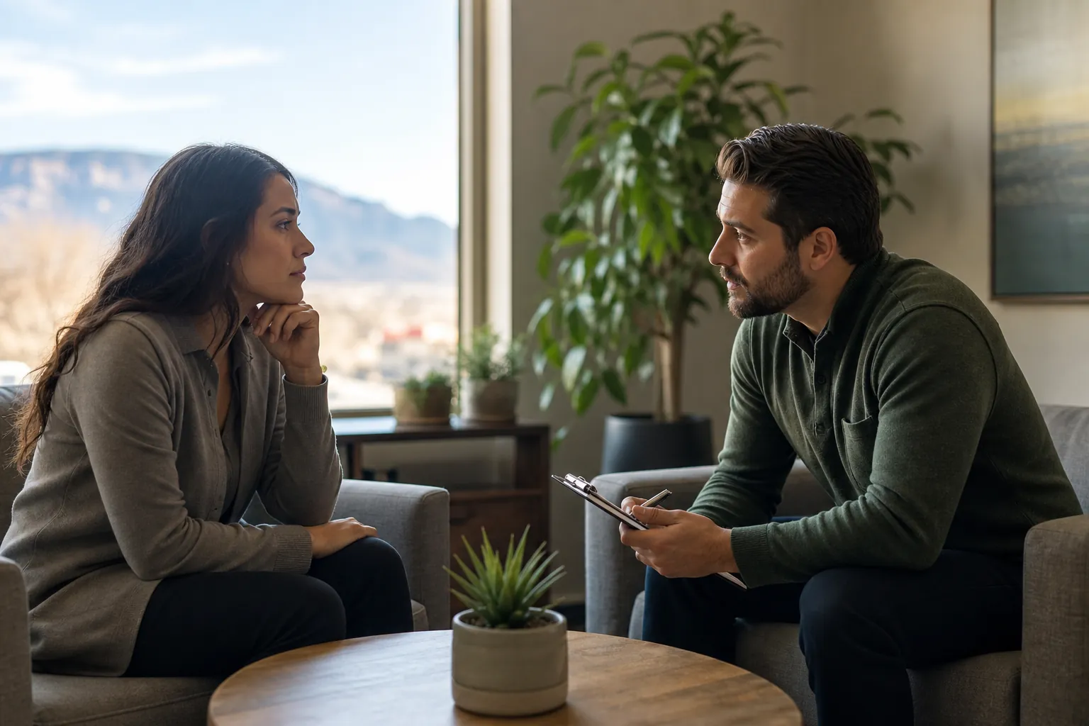 A woman speaks with a male counselor holding a clipboard in an office overlooking the Albuquerque landscape.