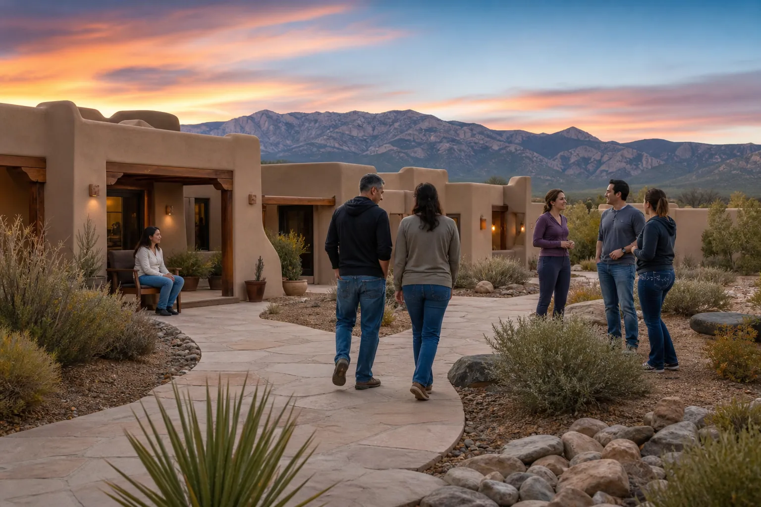 Adults gather outside a Southwestern treatment center at sunset, with adobe buildings and mountains behind them.