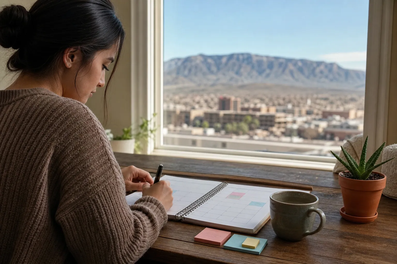 Calendar Planning at a Desk With a Mountain View A woman writes in a calendar planner at a wooden desk beside a window overlooking city buildings and mountains.