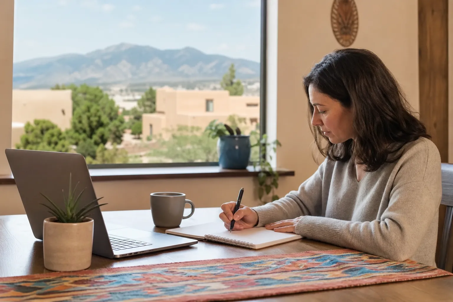 Notebook Planning at a Desk With Mountain Views A woman writes in a spiral notebook beside a laptop and mug, with adobe-style buildings and mountains outside the window.