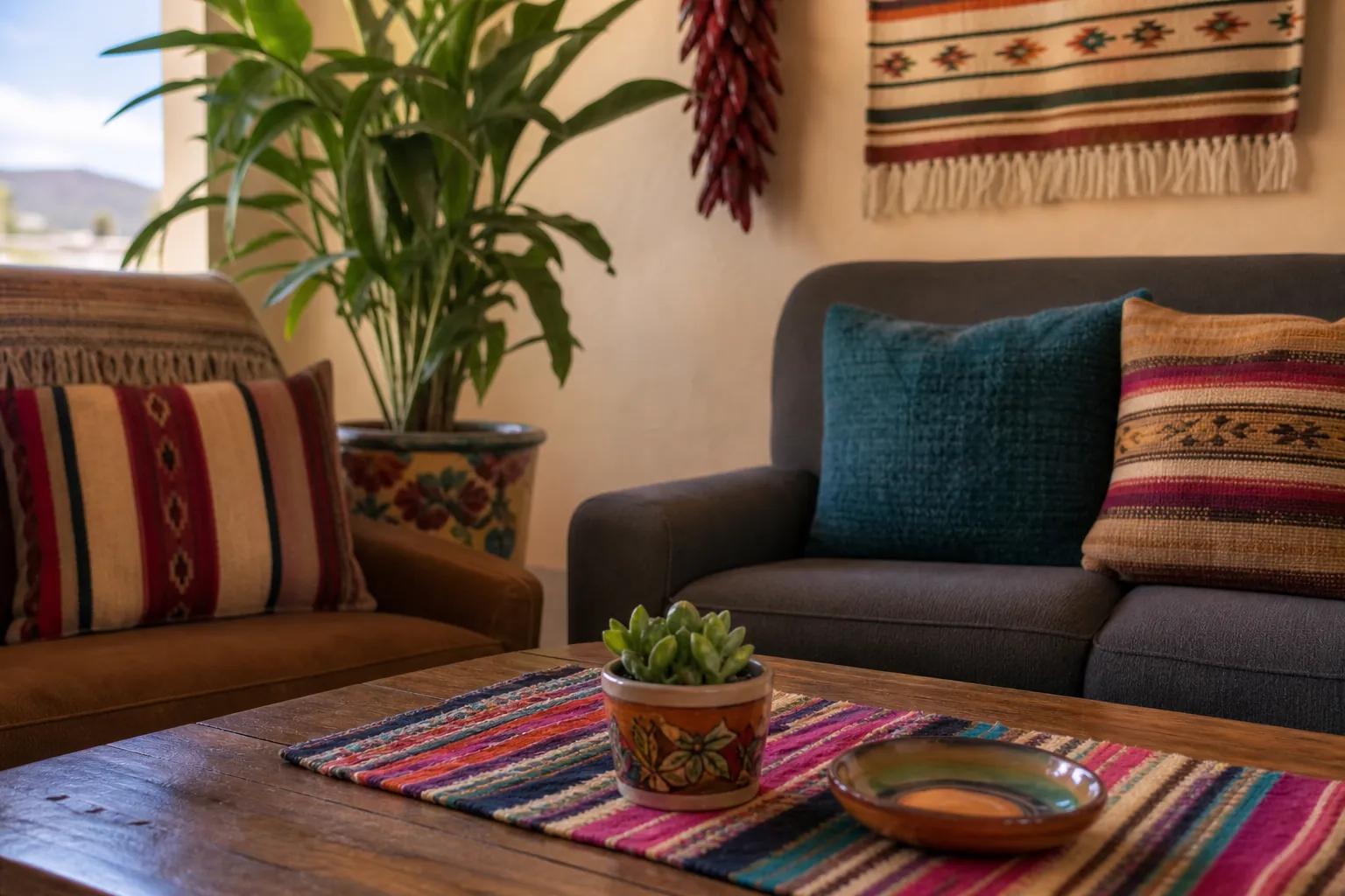 Warm counseling room with sofas, Southwestern textiles, potted plants, a wooden table, and colorful pottery.