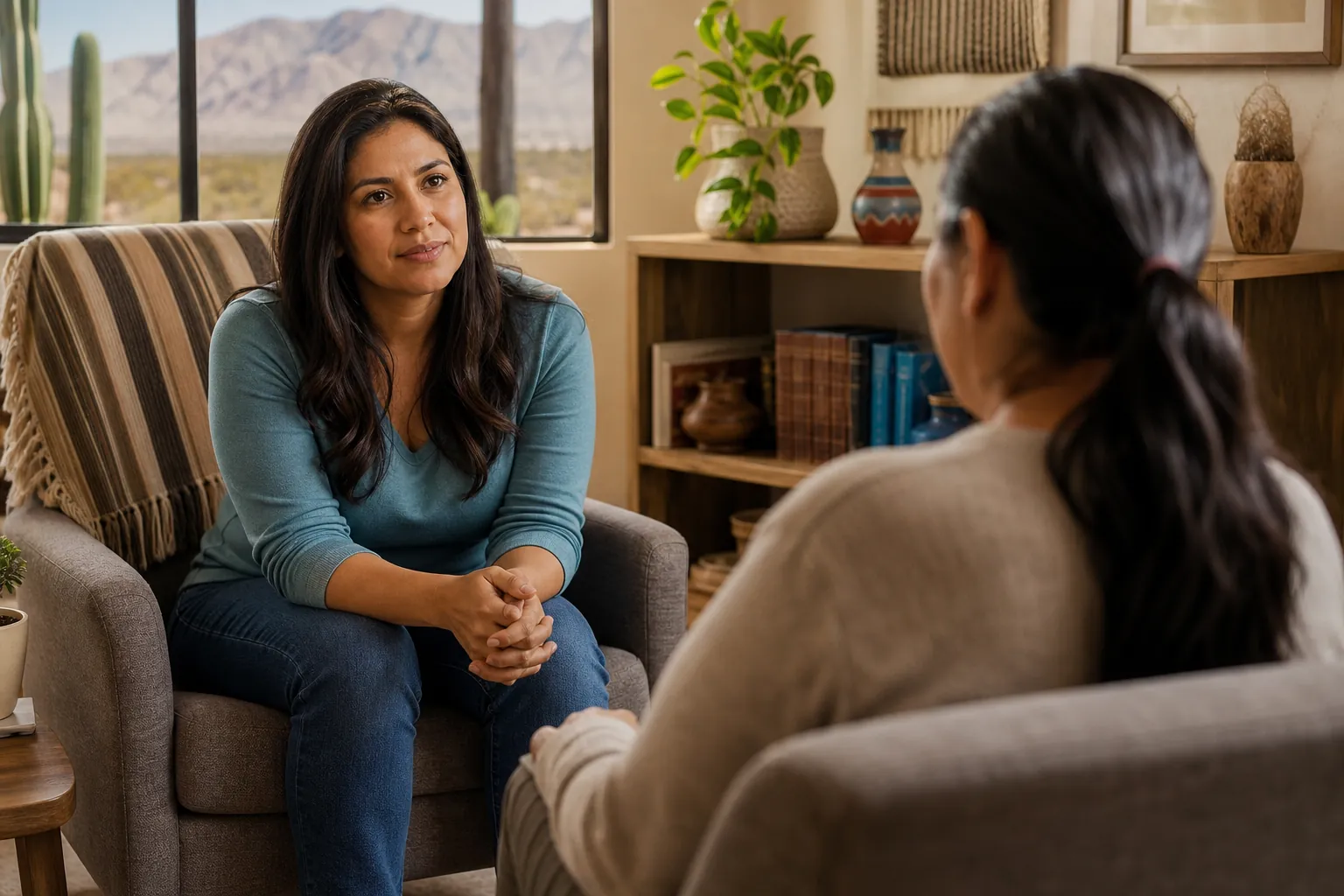 Two women sit facing each other in a counseling office, with desert mountains and cacti visible through a window.