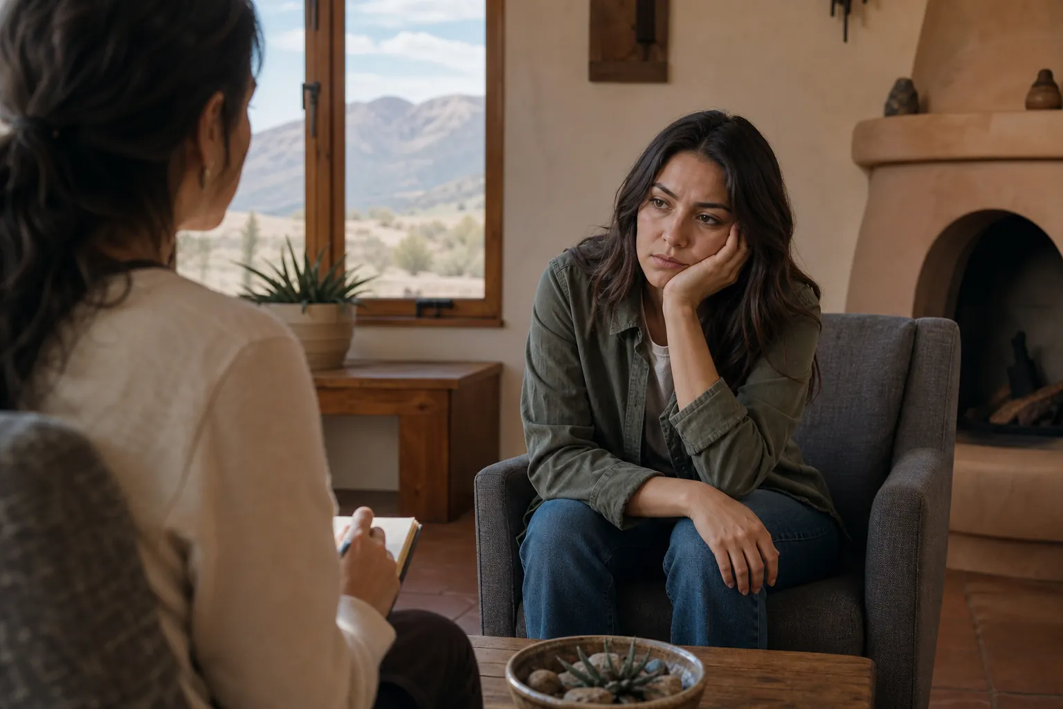 A woman rests her cheek on her hand while facing a counselor with a notebook in a room overlooking desert mountains.