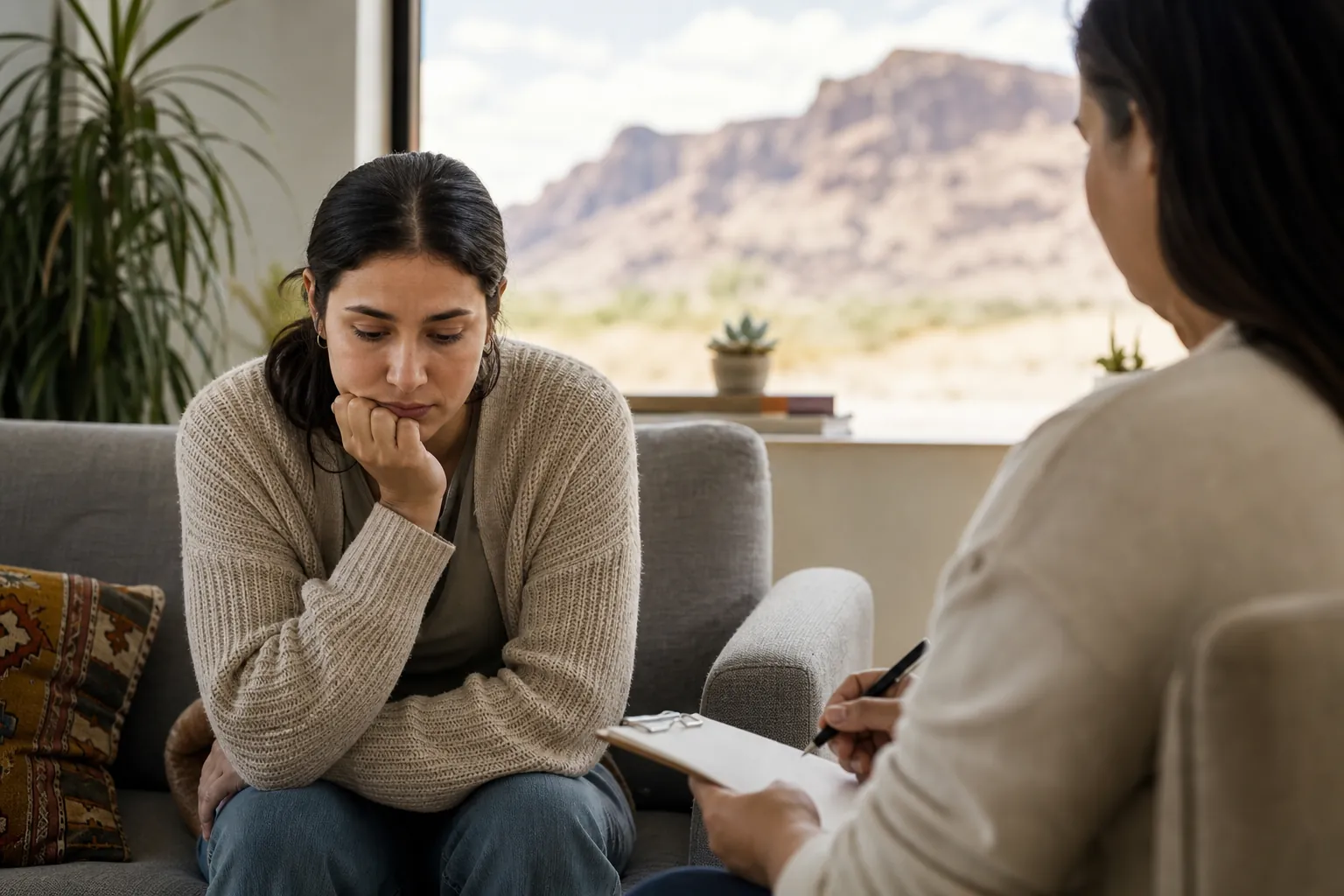 A pensive woman sits across from a counselor taking notes, with a New Mexico desert landscape visible through the window.