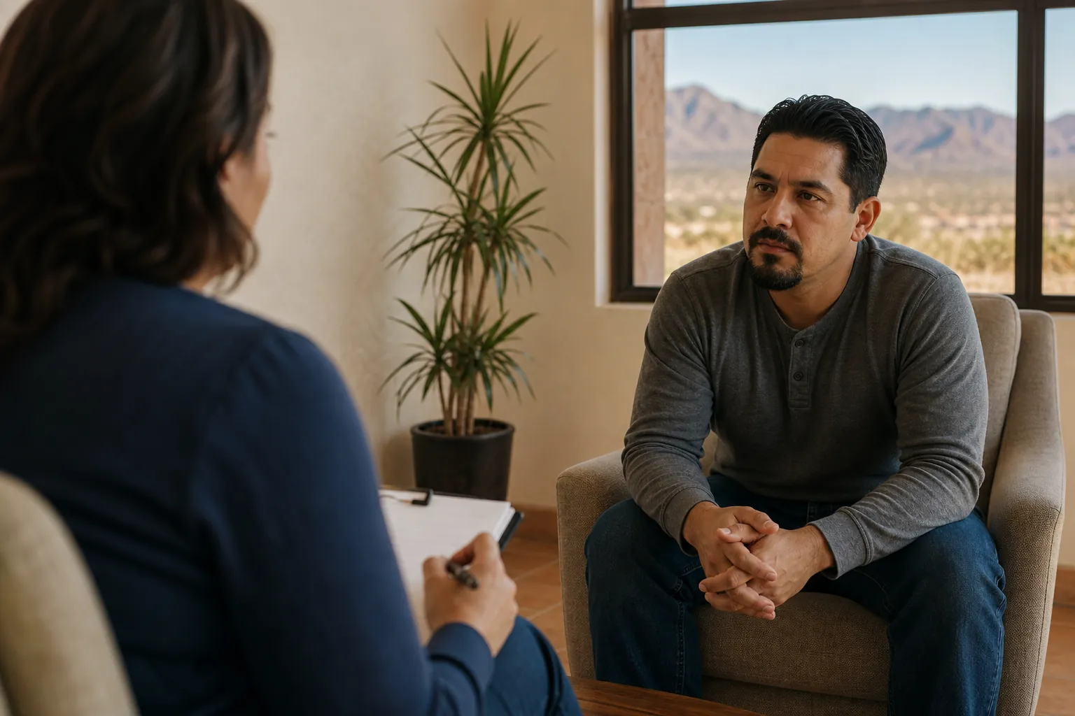 A man speaks with a counselor in an office overlooking a New Mexico desert and mountain landscape.