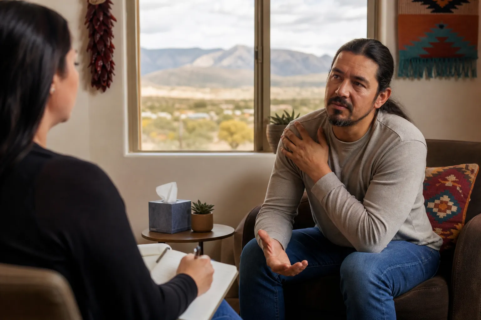 A seated man holds his shoulder and gestures while talking with a woman holding a pen and notepad in a counseling setting.