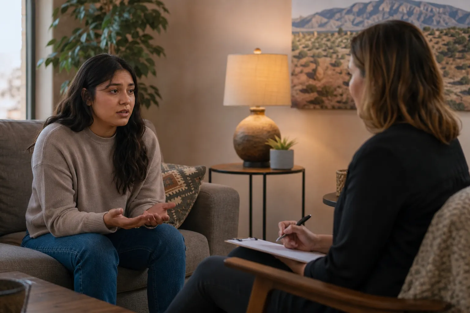 A woman speaks with a therapist taking notes in an office decorated with a framed New Mexico desert landscape. (next step)