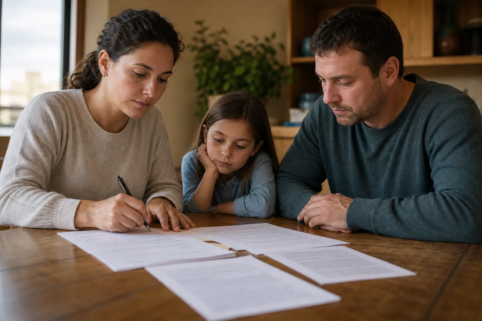A mother writes on paperwork at a table while a father and young daughter watch beside her.