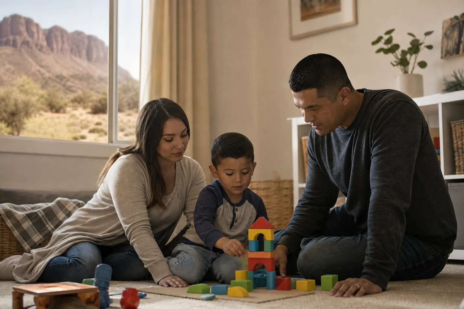 A mother and father sit with their young son, building a colorful block tower in a home overlooking New Mexico desert mountains.