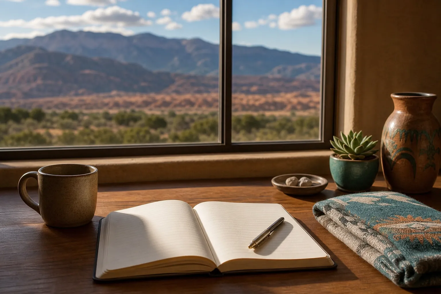 Open lined journal and pen beside a mug, folded blanket, succulent, and pottery overlooking desert mountains.