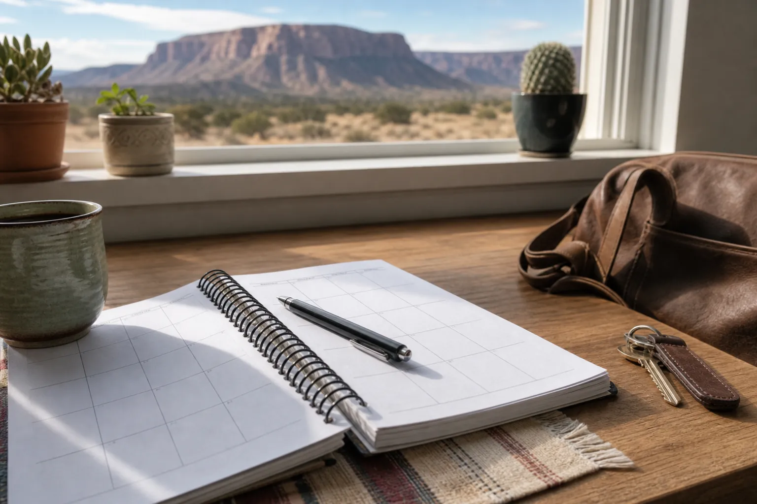 Open weekly planner with a pen, keys, mug, and travel bag beside a window overlooking the New Mexico desert.