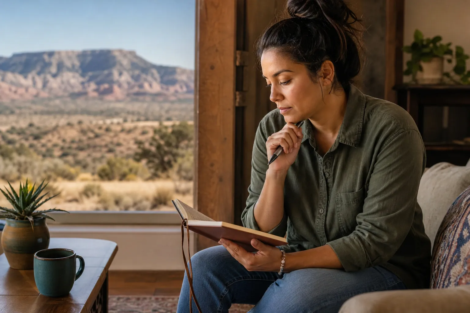 A woman sits on a sofa holding an open journal and a pen near her chin, beside a window overlooking desert mesas.