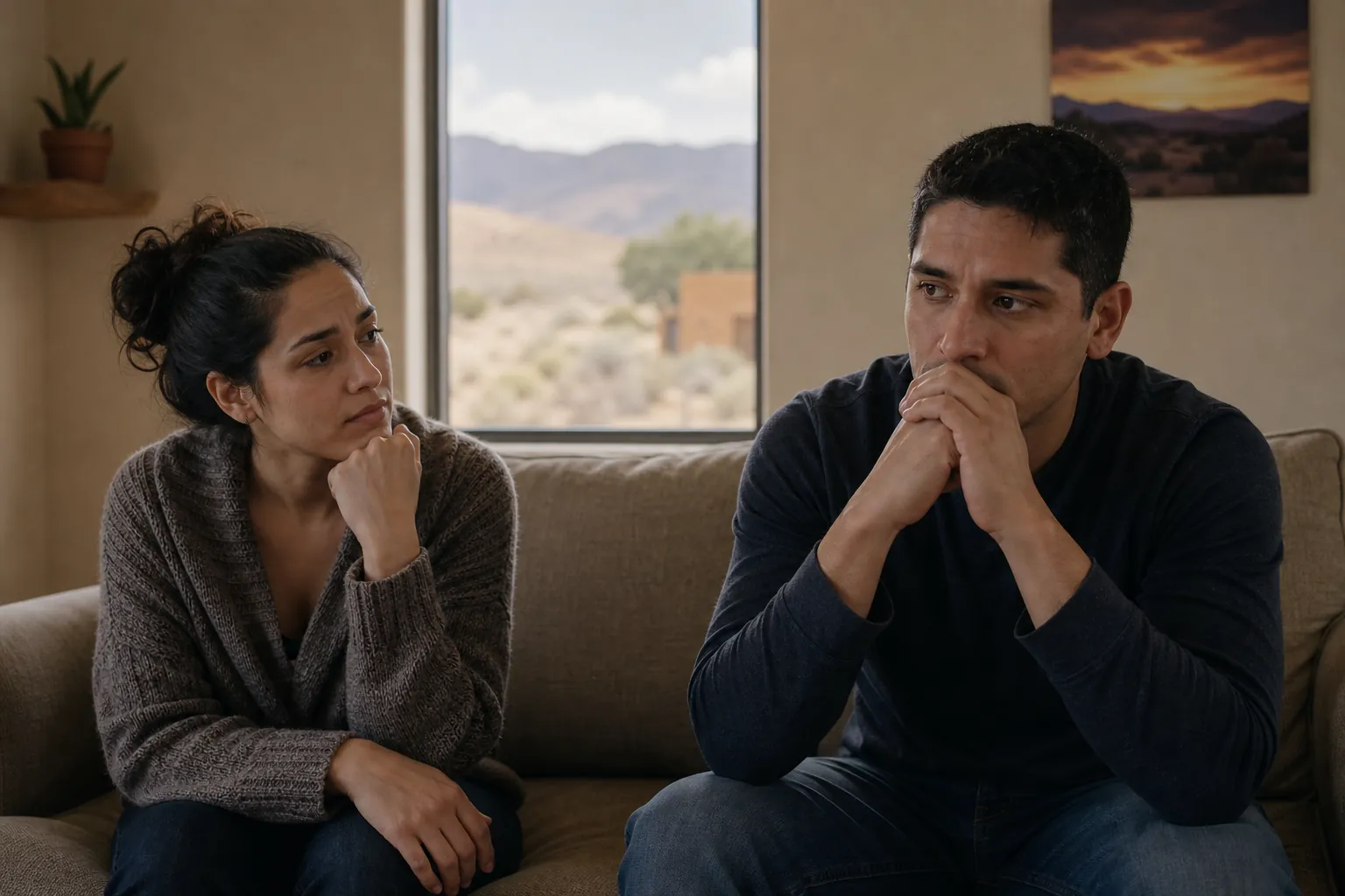 A woman watches a pensive man with clasped hands as they sit on a beige sofa beside a window overlooking desert mountains.