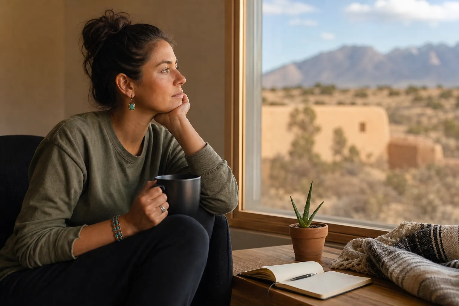 A contemplative woman holding a mug sits beside an open journal and looks through a window toward desert mountains.