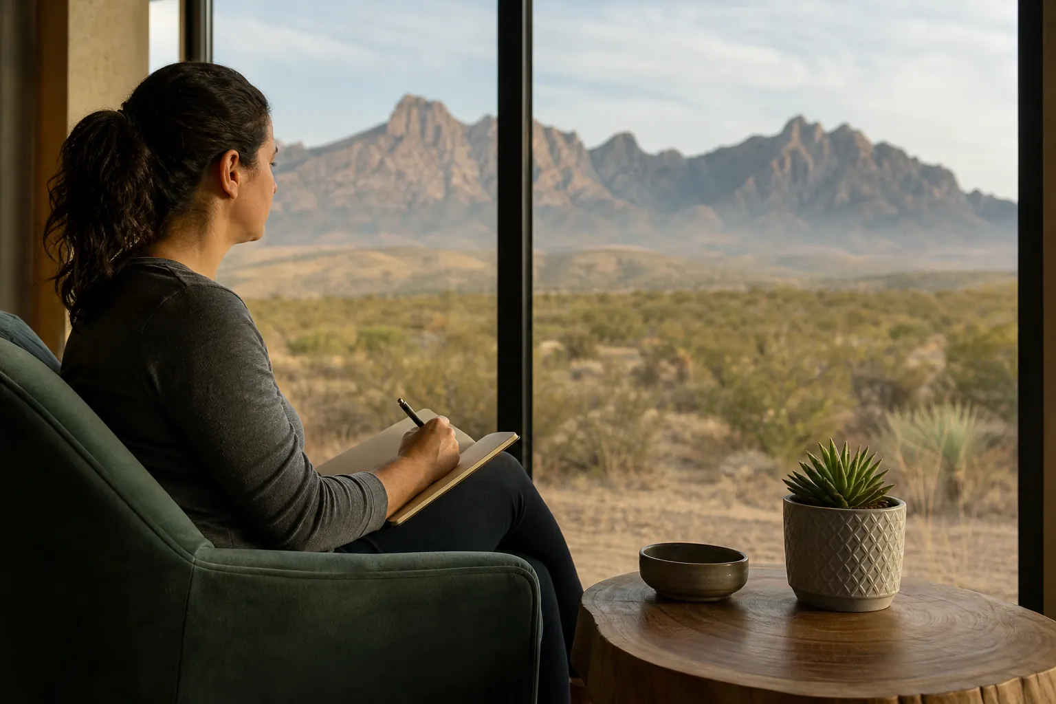 Woman writing in a journal by a large window overlooking a quiet desert landscape and rugged mountains.