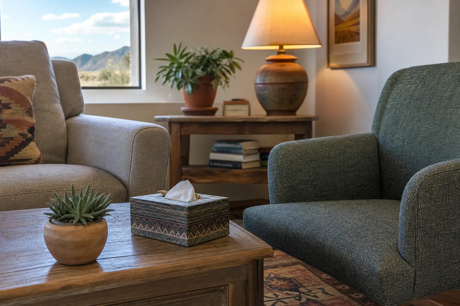 Quiet counseling room with two armchairs, a tissue box, plants, books, and a mountain view through the window.