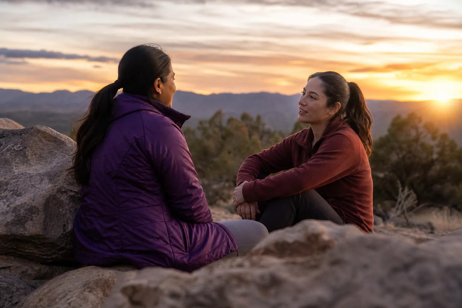 Two women sit on rocks and talk face to face in a mountain landscape at sunset, suggesting peer support in recovery.