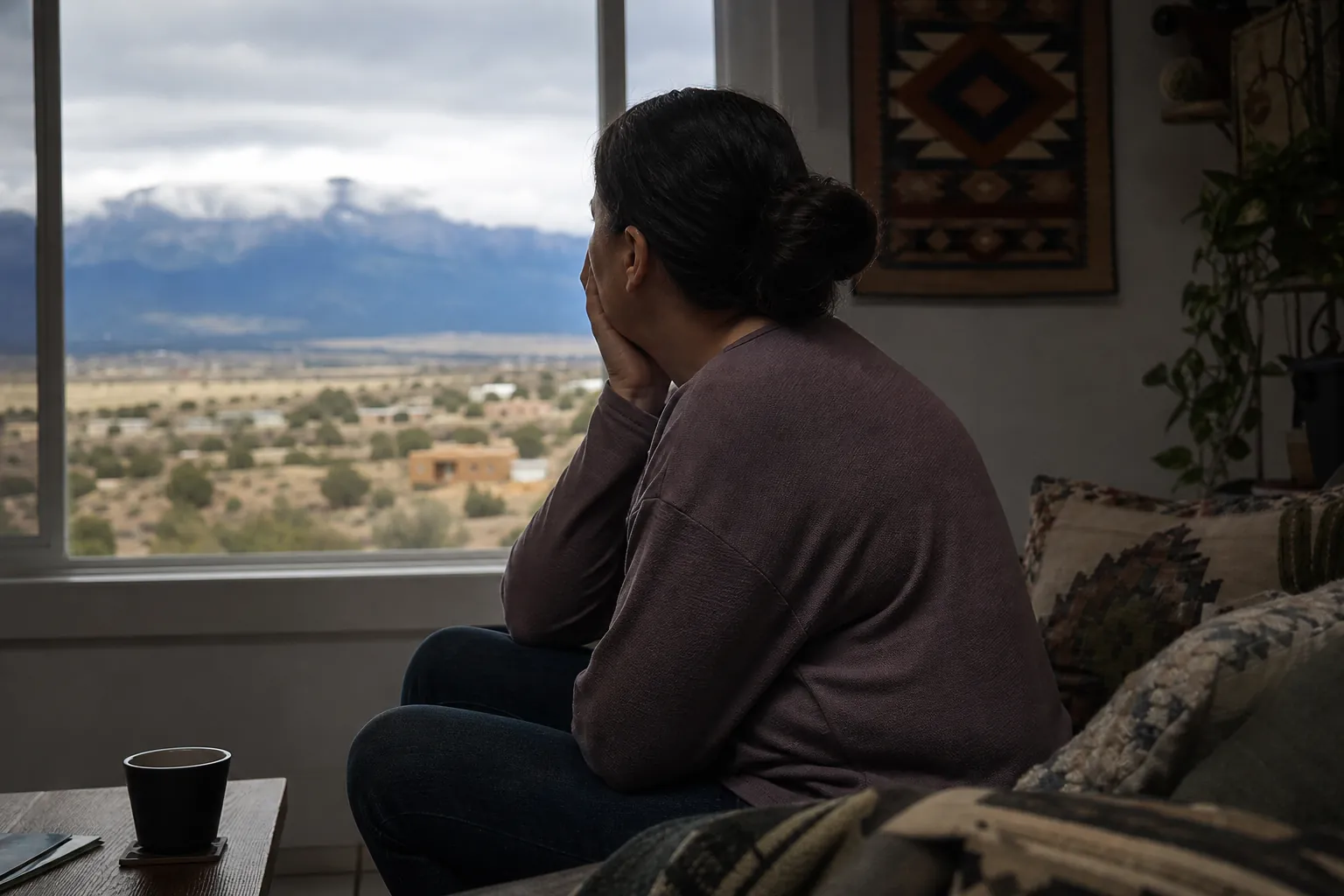 A woman sits on a patterned sofa with her hand against her face, looking through a window toward distant mountains.