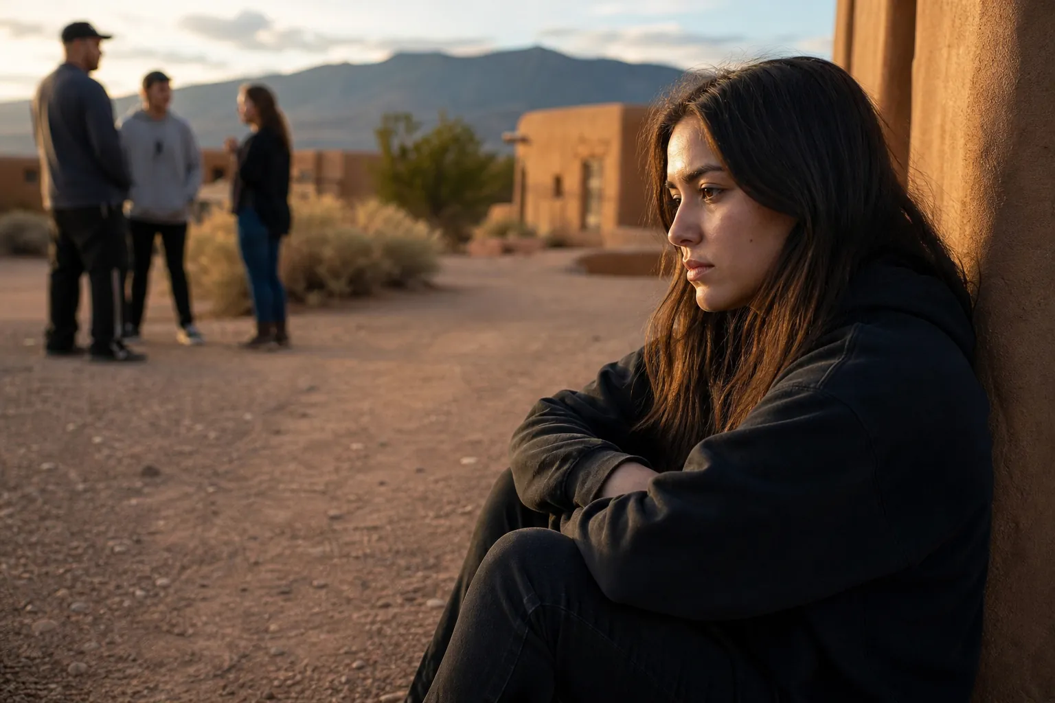 A woman sits with folded arms against an adobe wall, apart from three people talking in a desert courtyard with mountains beyond.