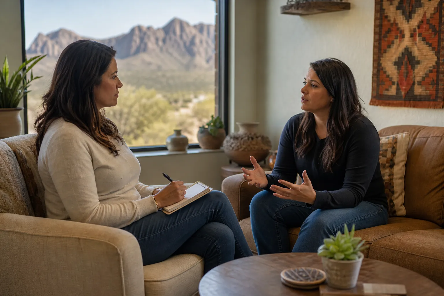 Two women sit facing each other in a counseling setting, one holding a notebook as the other gestures, with desert mountains outside.