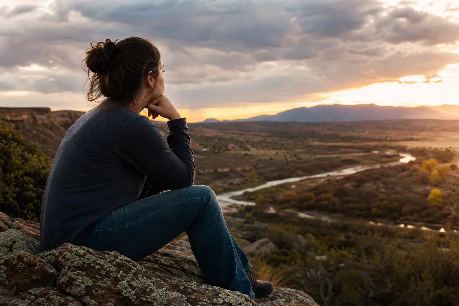 A woman sits on a rocky overlook with her hand beneath her chin, gazing across a winding river valley at sunset.