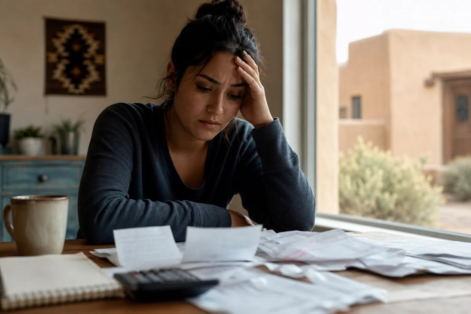 A worried woman rests her hand on her forehead at a table covered with papers, a calculator, a notebook, and a mug.