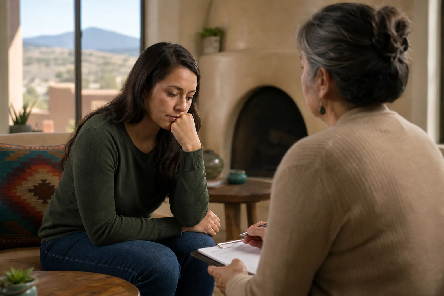 A worried-looking woman rests her chin on her hand while facing a counselor holding a pen and clipboard in a warm-toned room.