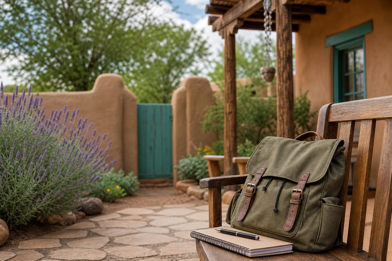 Green canvas backpack, notebook, and pen on a wooden bench in a Southwestern garden courtyard.
