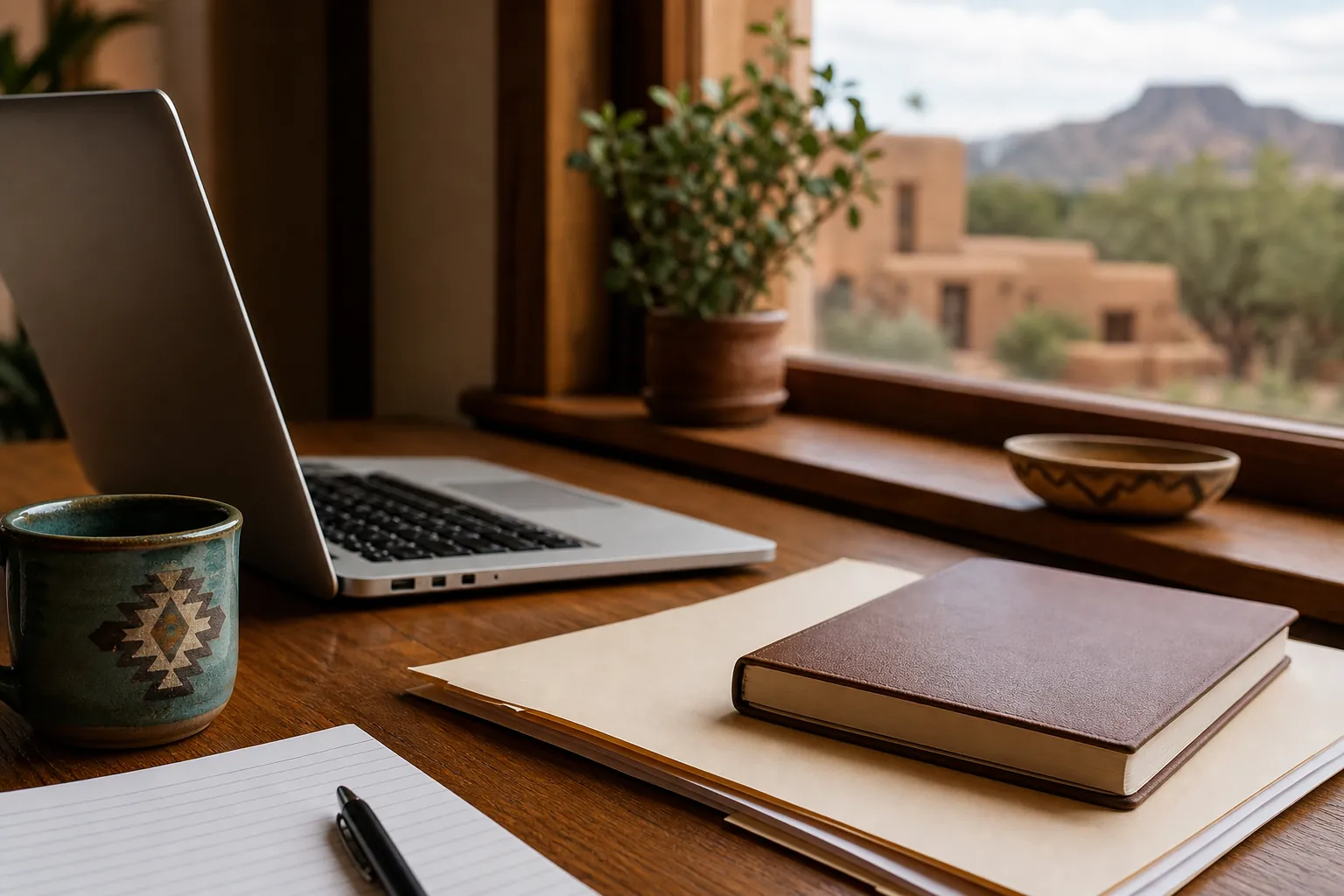 Laptop, notebook, folders, pen, and patterned mug on a wooden desk overlooking adobe buildings and mountains