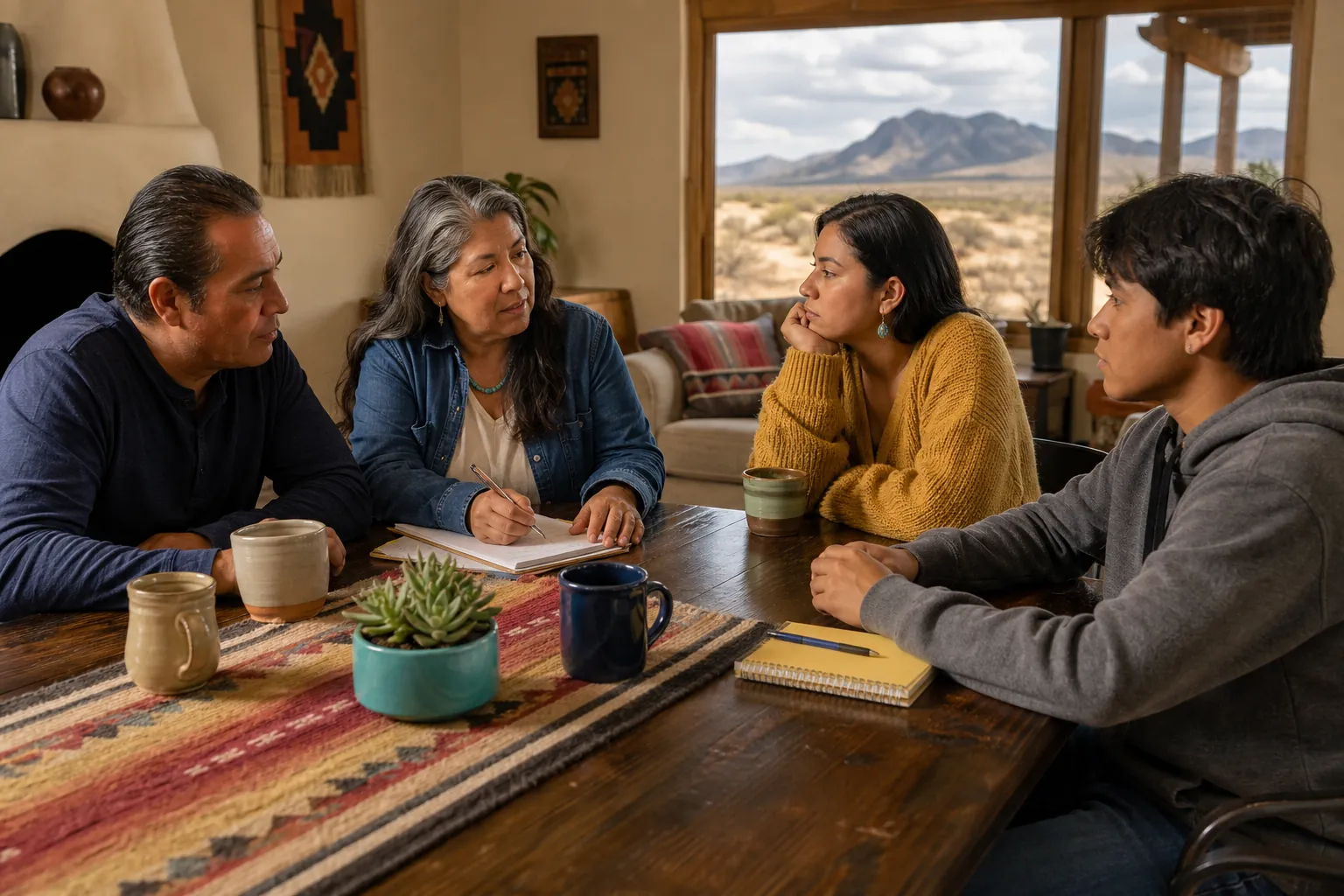 Four family members have a serious discussion around a table while an older woman writes in a notebook.