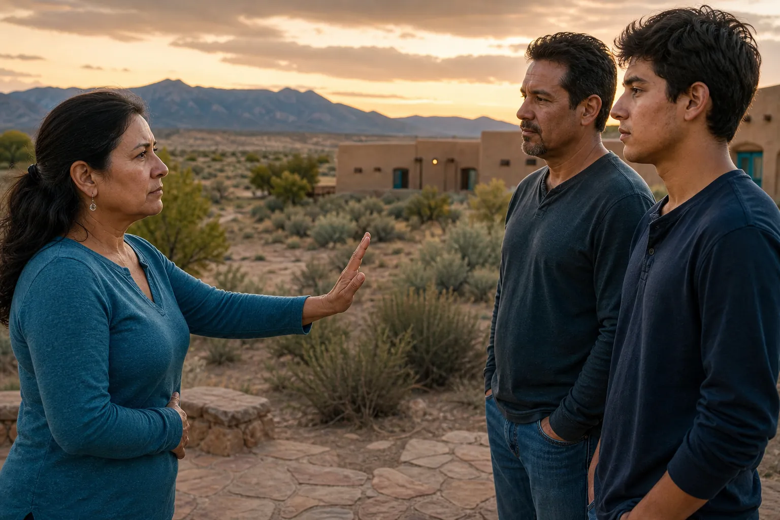 A woman raises an open hand toward a man and a young man during a serious family conversation outdoors.