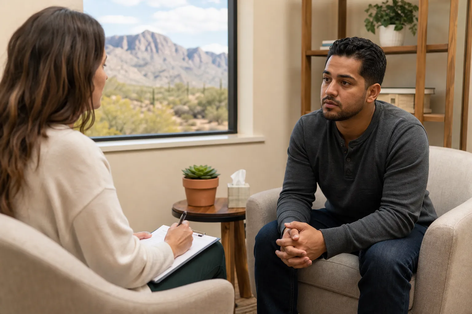 A counselor takes notes while speaking with a man during a clinical assessment in an office overlooking desert mountains.