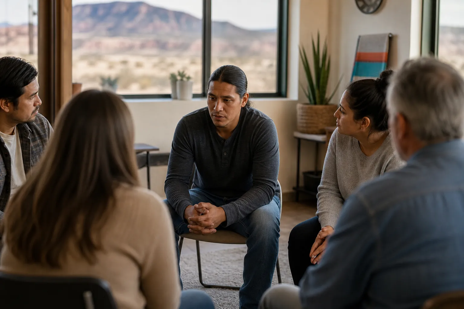 Five adults sit in a counseling circle, with a desert mountain landscape visible through large windows.